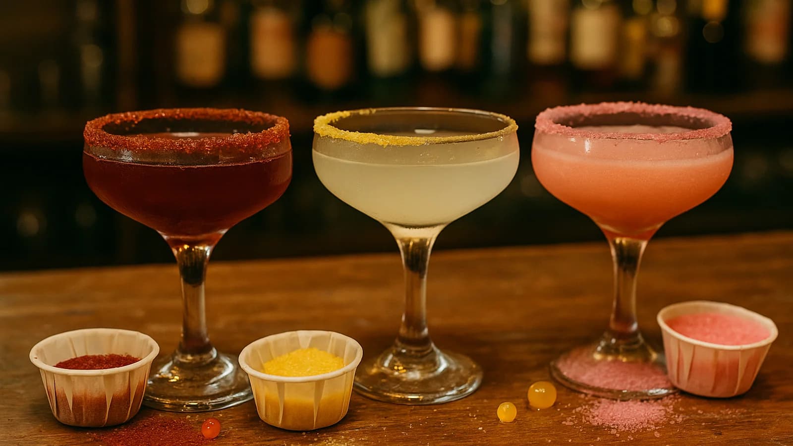 Vasos con bordes de colores en sal y azúcar