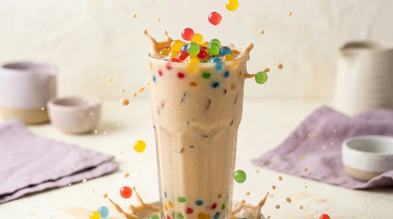 Bubble tea con popping boba de colores salpicando alrededor del vaso